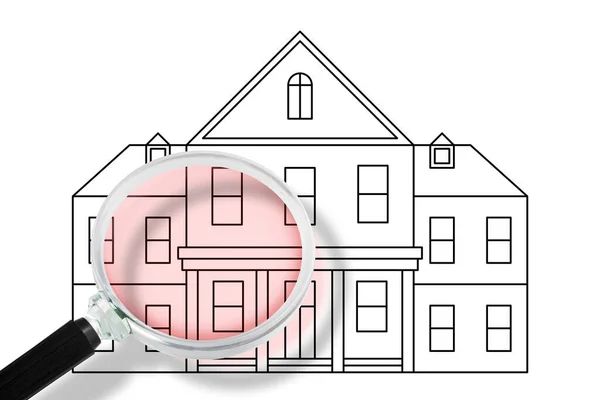 新しい家を探す 拡大鏡で見るアメリカ風の住宅用シルエットのコンセプト — ストック写真