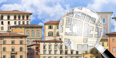 Register old buildings at buildings cadastre for taxation - Land registry concept with an imaginary cadastral map of territory and old italian historic buildings  clipart