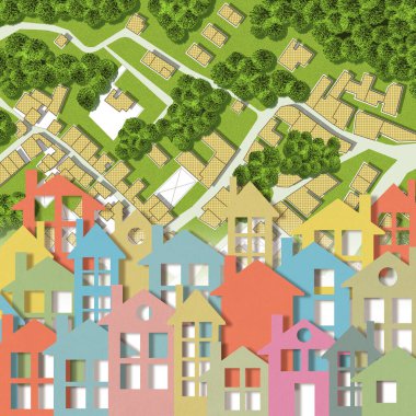 Conceptual cityscape with cardboard buildings and imaginary city map on background - concept image