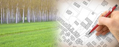 Imaginary topographic cadastral map and land parcels of territory with trees on background and buildable vacant land for sale - concept image. clipart