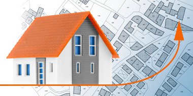Konut geliştirme konsepti - Grafik yükselişi, hayali kadastro haritası ve ev modeli ile emlak geliştirme