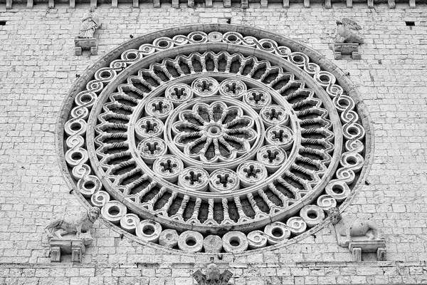 Mittelalterliches Italienisches Rosettenfenster Gegen Eine Steinmauer Italien Assisi Kirche San — Stockfoto