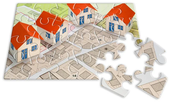 新住宅及免费空置土地作建筑用途 建造业及附有住宅区的建筑许可概念 地籍图 以拼图形式进行的一般城市规划 — 图库照片