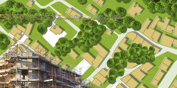 Byggnad Grönområde Byggindustrikoncept Med Tornkran Metallställning Byggarbetsplats Mot Imaginär Grön — Stockfoto