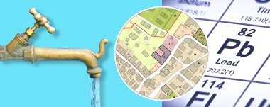 İçme suyunda kurşunun varlığı - Mendeleev periyodik tablosu, eski pirinç musluğu ve hayali şehir haritası konsepti
