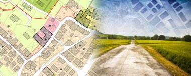 Doğadan yeni bir şehre - kırsal bir sahne ve binaları ve yolları olan hayali şehir planıyla