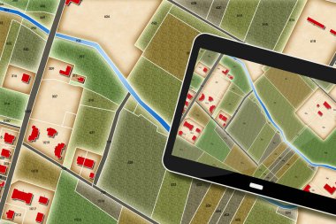 Kırsal binalar, tarlalar ve arazi parselleri olan hayali arazi kadastro haritası - dijital tabletin 3D görüntülenmesi kavramı