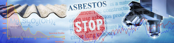 Analysis of an asbestos sample from an old roof against a technology background with graph, texts and microscope detail - concept collection.