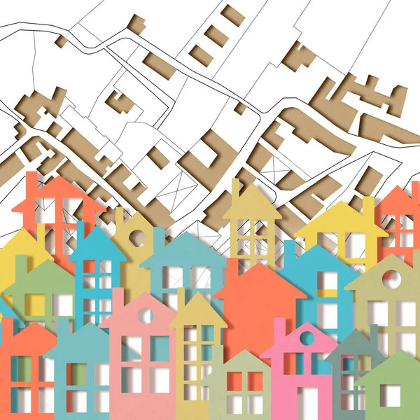 Концептуальный Городской Пейзаж Картонными Зданиями Воображаемой Картой Города Заднем Плане — стоковое фото