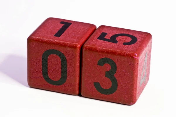 Número Tres Quince Escrito Cubo Madera Rojo Una Fecha Calendario — Foto de Stock