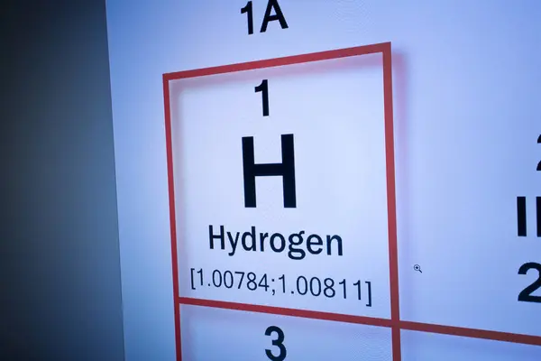 Hydrogen Chemical Element Mendeleev Periodic Table Concept Macro Photography Monitor — Stock Photo, Image