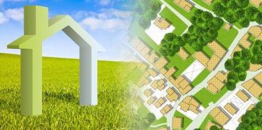 Imaginary cadastral map with green areas and General Urban Plan with buildings and land parcel - real estate property concept with small house