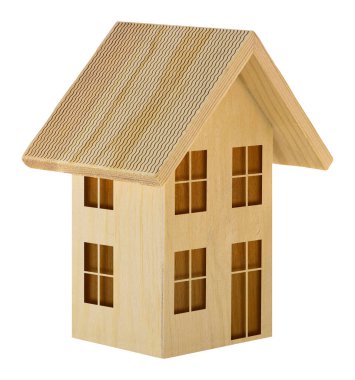 Küçük ahşap ev modeli, kolay seçim için beyaz arka planda izole edilmiş - inşaat endüstrisi ve inşaat etkinliği zamanı