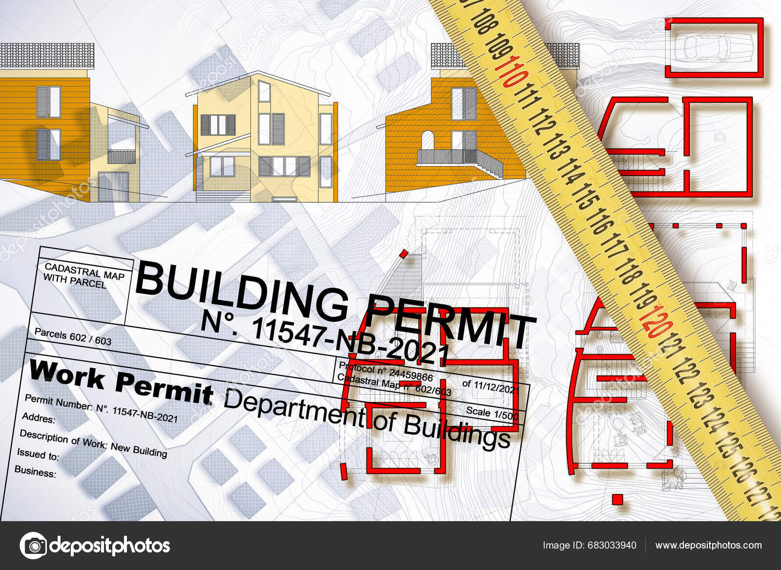 Buildings Permit Concept Residential Building Project Imaginary Floor Plans Elevations Stock