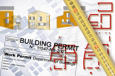 Yeni bir binanın hayali kat planları ve yükseklik projesine karşı konut inşaatı projesiyle ilgili bina izni kavramı