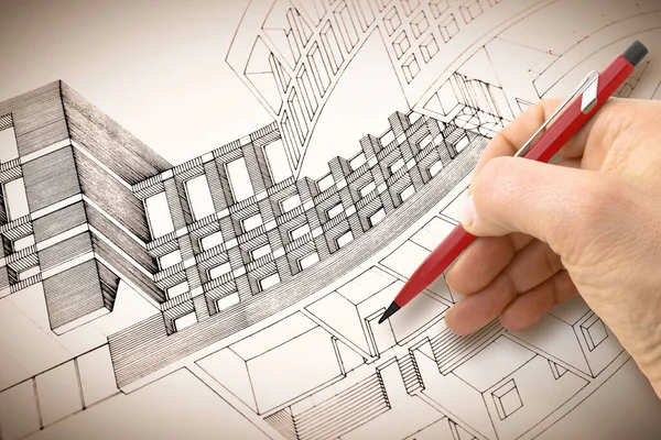 Architect or engineer designing a sketch of a new residential building in a new modern town - public housing concept image.