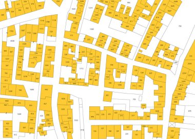 Binalar, arazi parseli ve boş arsa içeren hayali kadastro haritası - arazi kayıtları ve kadastro parselli mülkiyet kaydı kavramı
