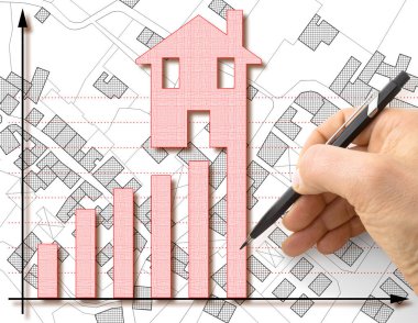 Konut geliştirme kavramı - Grafik, hayali kadastro haritası ve ev simgesi ile gayrimenkul geliştirme