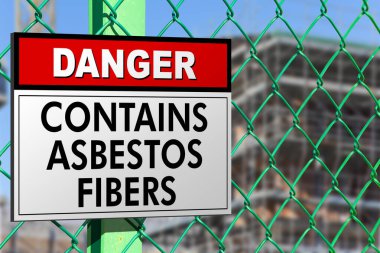 Dangerous presence of asbestos fibers in a construction site with metallic protection net against the intrusion of unauthorized persons and warning signboard clipart