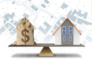 Dolar ve ev modeli ile gayrimenkul dengesi konsepti - Yapım faaliyeti ve inşaat endüstrisi kavramı ile arka planda hayali kadastro haritası ile maliyet