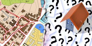 Doubts and questions about buildings - concept with home model against question marks and imaginary city cadastral map clipart