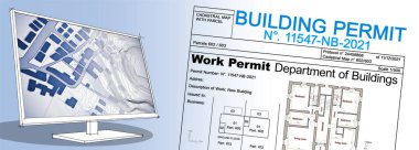 Binalar, hayali kadastro haritası - şehir haritası ve çalışma izni ile inşa etkinliği ve inşaat endüstrisi konsepti