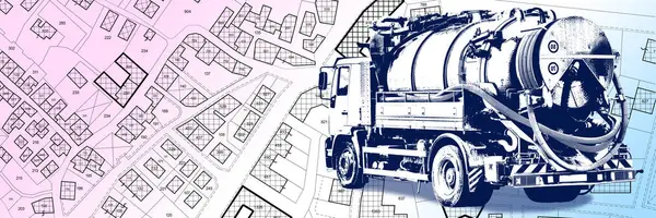 Emergency sewer cleaning service on residential district - concept with septic sewage tank truck against an imaginary city map