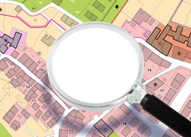 Kentsel varış noktaları, binalar, yollar, inşa edilebilir alanlar ve arsa göstergelerine sahip Hayali Genel Şehir Planı - Büyüteçle görülen kopya alanı ile konsept 