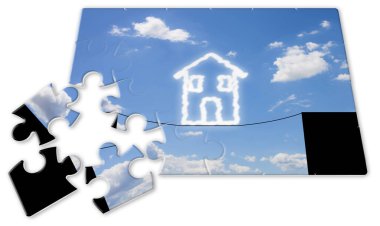 Bir evin tehlikeleri ve tuzakları - Gayrimenkul piyasası krizi konsepti üzerinde kablo üzerinde dengelenmiş küçük bir ev - Jigsaw çözüm konsepti