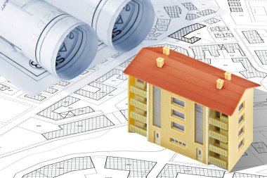 Kadastro parselli hayali kadastro haritası, boş arazi arazileri ve apartman modeli.