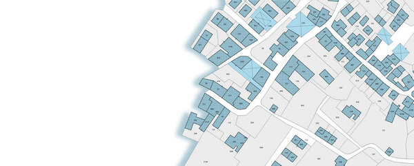 Воображаемая кадастровая карта со зданиями, земельным участком и свободным участком - земельные записи и концепция веб-баннера реестра недвижимости с копировальным пространством и пространством для текста