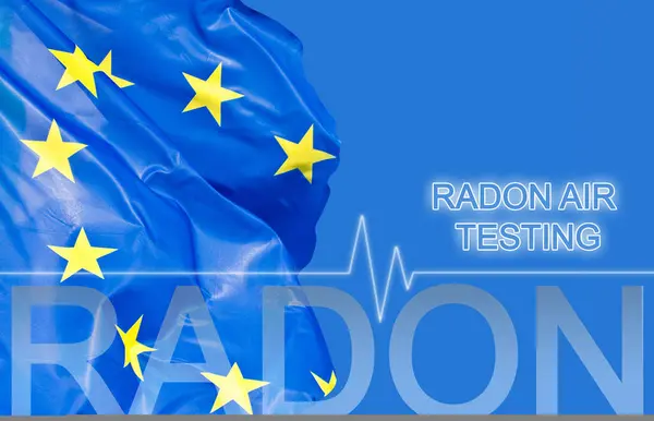 Stock image Radon Air Testing - concept against European flag with check-up chart about radon level testing 