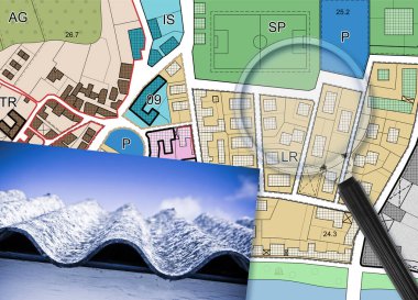 Asbest içeren malzemelerle çatı haritası çıkarmak - hayali bir şehir haritasına karşı büyüteçle konsept