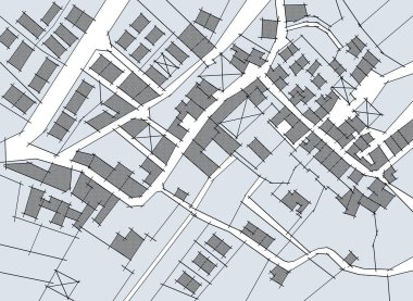 Imaginary cadastral map with buildings, land parcel and vacant plot - land records and property registry concept - freehand sketch