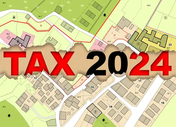2024 Property Tax on land and buildings - Land registry fees and property Real Estate concept with text and imaginary cadastral map