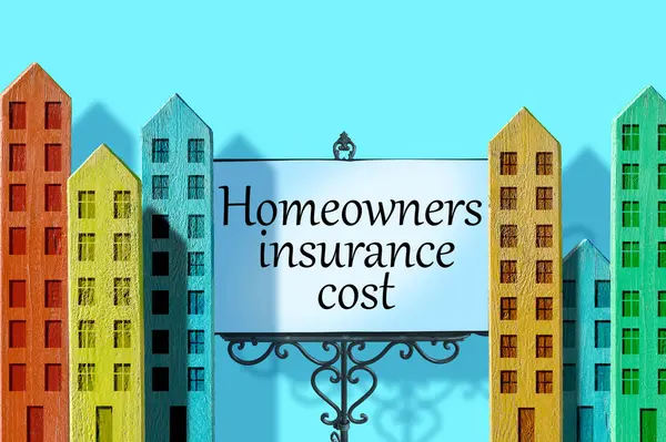 Homeowners insurance cost concept with text and cityscape model