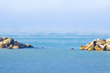 Toskana kıyısında kaya kıran suyu olan sessiz bir koy (İtalya)