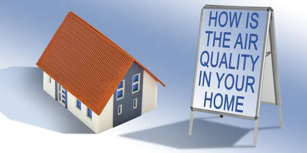 HOW IS THE AIR QUALITY IN YOUR HOME? - Concept with home model and information sign