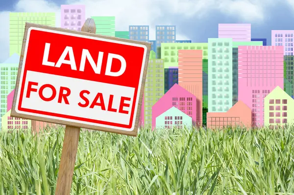 Land For Sale - Real estate concept with a vacant lot for sale available for building construction - Land plot managemen with an advertising billboard against an imaginary cityscape