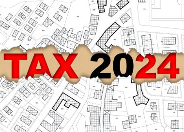 2024 Property Tax on land and buildings - Land registry fees and property Real Estate concept with text and imaginary cadastral map clipart