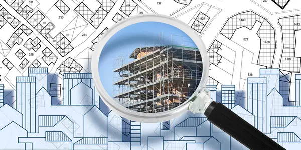 stock image Metal scaffolding on a construction site - concept with imaginary cadastral map and cityscape seen through a magnifying glass