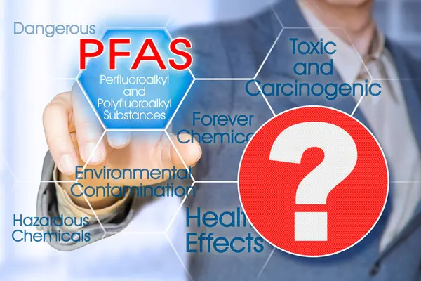 stock image Doubts and uncertainties about dangerous PFAS Perfluoroalkyl and Polyfluoroalkyl Substances used due to their enhanced water-resistant properties - Concept with question mark.