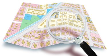 Hayali Kadastro ve Genel Şehir Planlama - İmar Yönetmeliği, imar bölgeleri, şehir merkezleri, arazi kullanımı, inşa edilebilir alanlar ve büyüteçle arazi arazisi kavramı