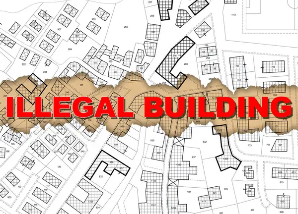 stock image Illegal building activity concept with imaginary cadastral and General Urban Plan with building built without a valid construction Building or Work Permit - Illegal construction concept