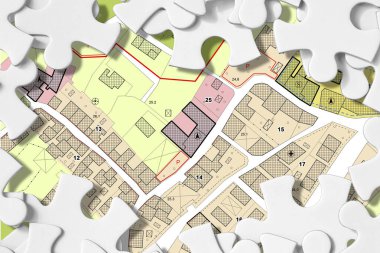 Hayali Genel Şehir Planı ve kadastro kavramı - Bölgelendirme bölgeleri, kentsel hedefler, arazi kullanımı, inşa edilebilir alanlar ve arazi alanı içeren imar düzenlemeleri - Yapboz şekilli konsept