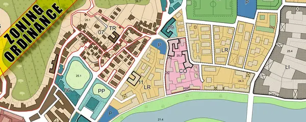 stock image ZONING ORDINANCE CONCEPT with imaginary General Urban Plan, indications of urban destinations with buildings, buildable areas, land plot and real estate land property