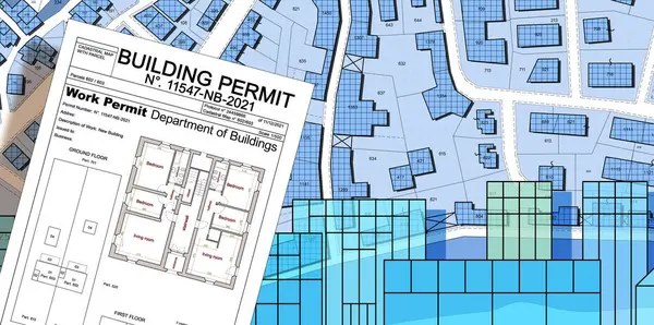 stock image Building Permit concept with imaginary General Urban Plan and cadastral map