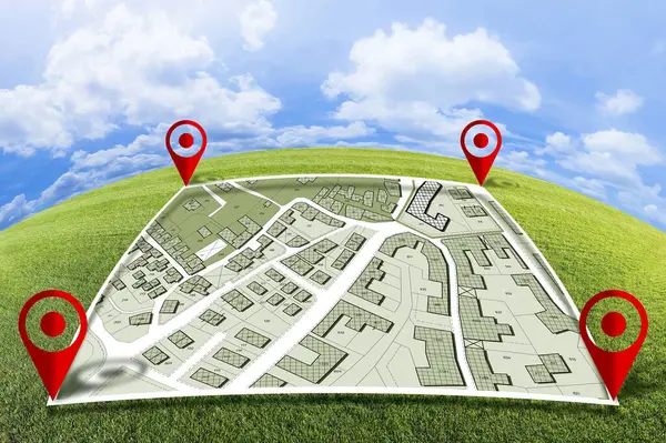 stock image LAND PLOT MANAGEMENT - BUILDING PERMIT CONCEPT with imaginary General Urban, zoning regulations, destinations, land use, buildable areas and free building land plot on cadastral map