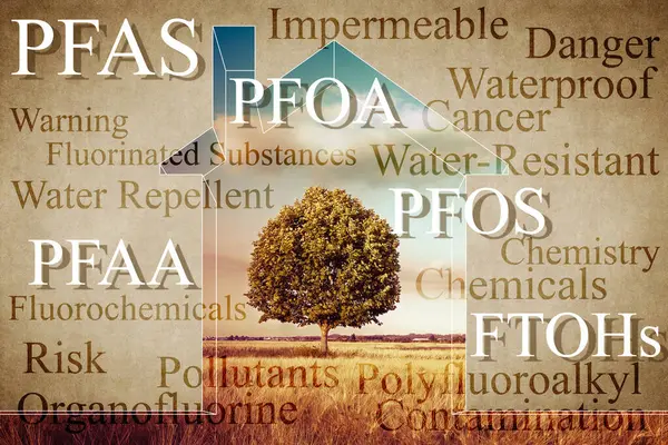 stock image Hazardous presence and exposure to PFAS inside homes - Perfluoroalkyls and polyfluoroalkyls pollute the indoor air of the homes we breathe - Concept image.