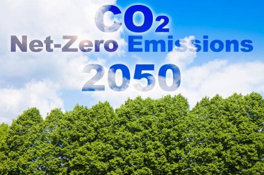 Bir ormana karşı CO2 Net-Zero emisyon kavramı - Karbon Tarafsızlık kavramı - 2050 Avrupa yasalarına göre 